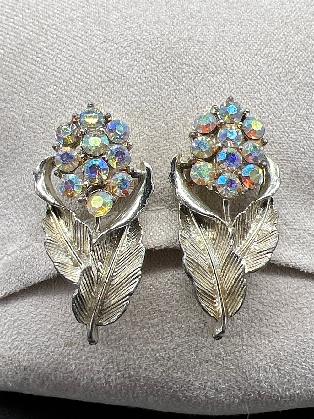 Coro Vintage Aurora Borealis Rhinestone Floral Clip On Earrings Silver Tone